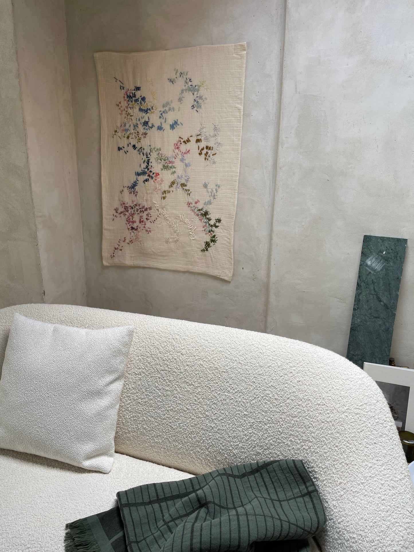 olga - handcrafted wall hanging, fully hand embroidered 100x120 cm , displayed in a living room wall