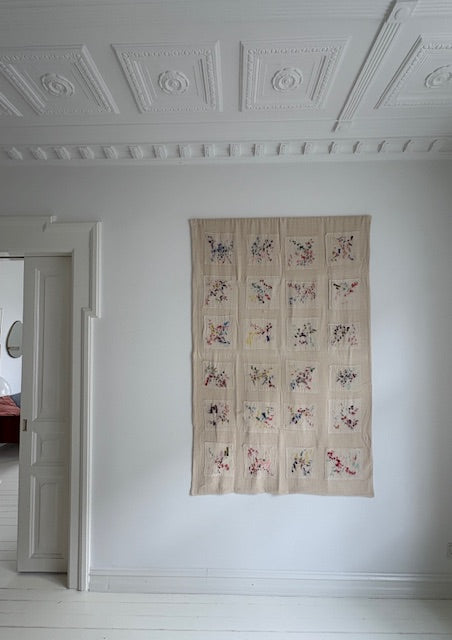 Anna - Handcrafted Wall Hanging, fully hand embroidered 130x200 cm, displayed on a living rom wall