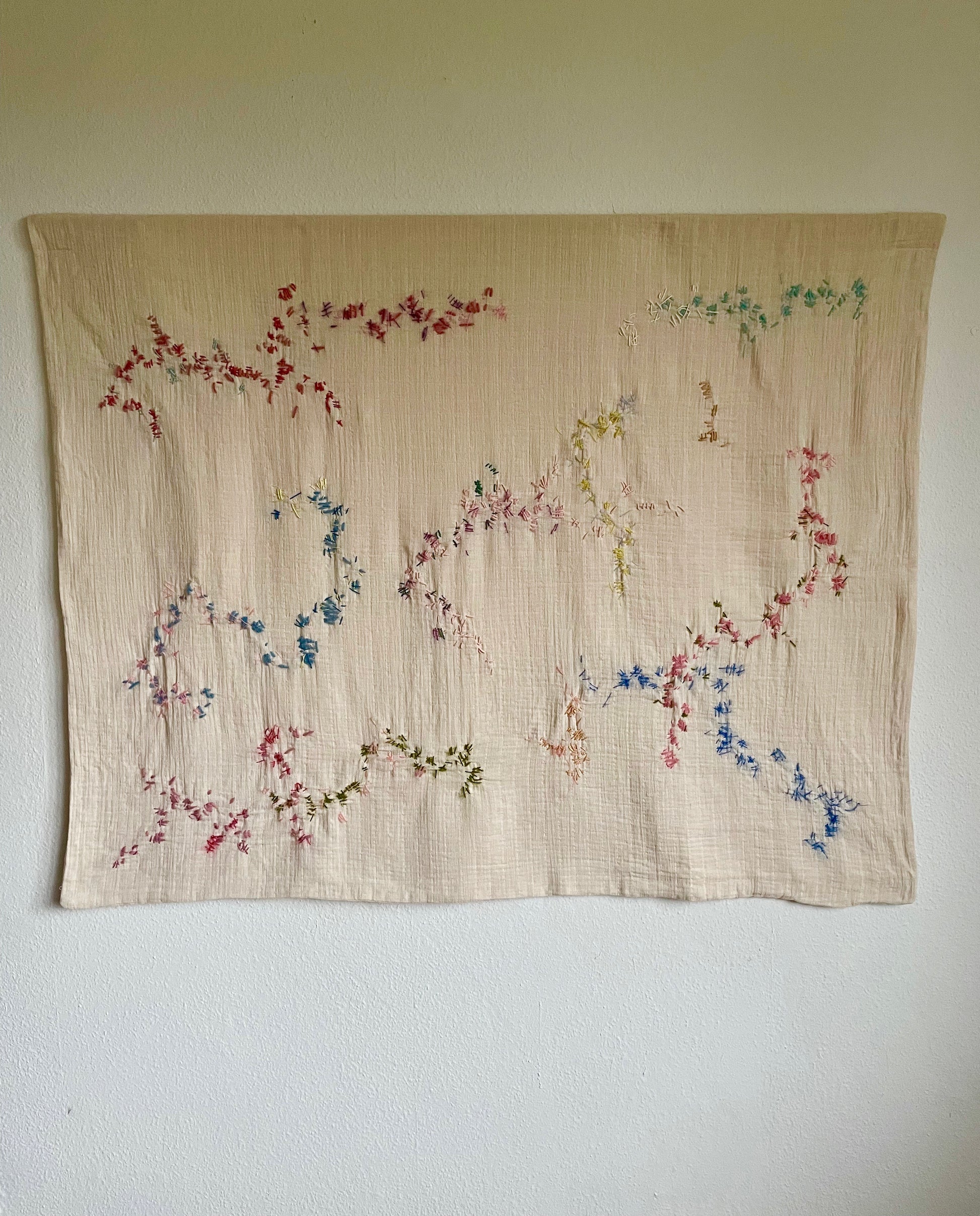 Fanny - Handcrafted wall hanging, fully hand embroidered 120x100 cm, displayed on a white wall