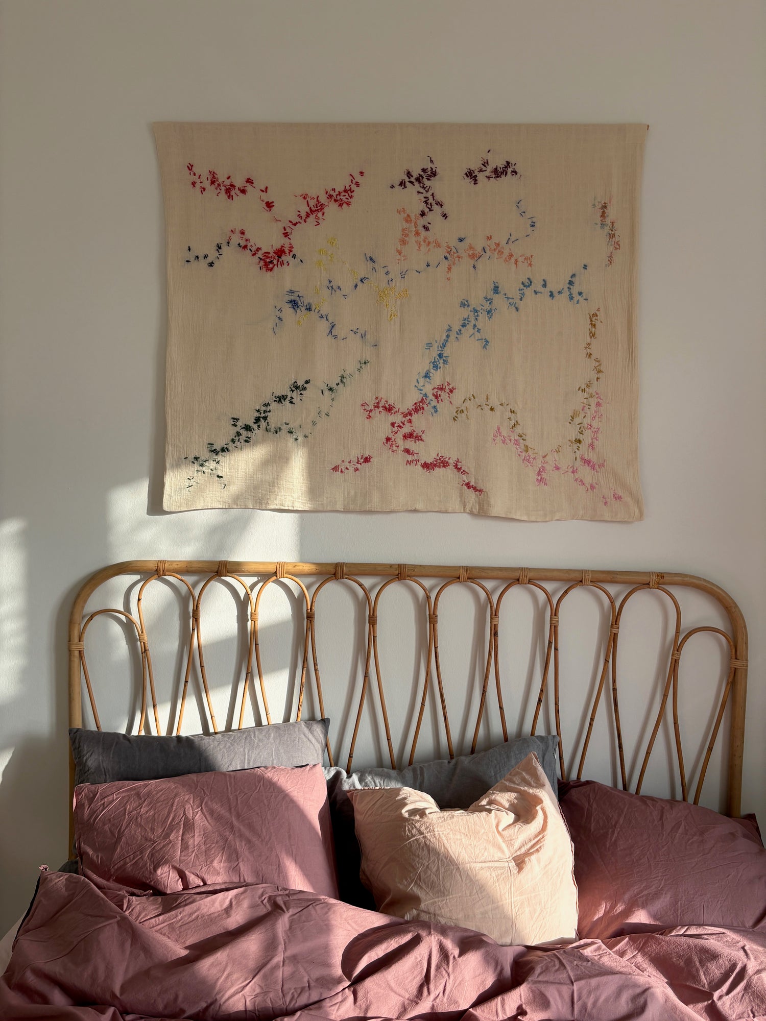 Greta - Handcrafted wall Hanging 120x100 cm hanging on bedroom wall