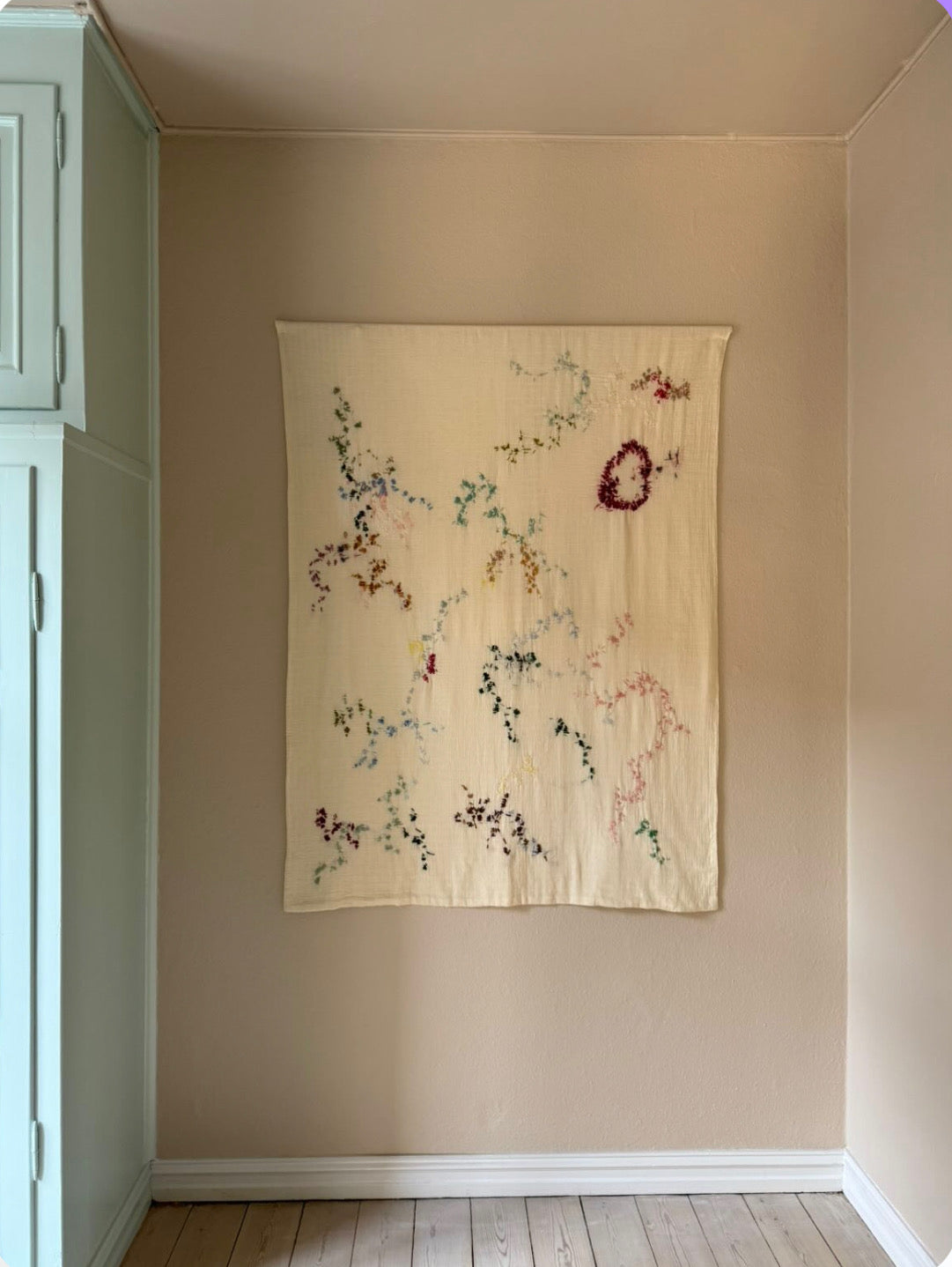 Mathilda - Handcrafted wall hanging, entirely hand embroidered 130x170 cm, displayed on a walkincloset wall