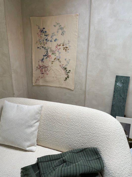 olga - handcrafted wall hanging, fully hand embroidered 100x120 cm , displayed in a living room wall