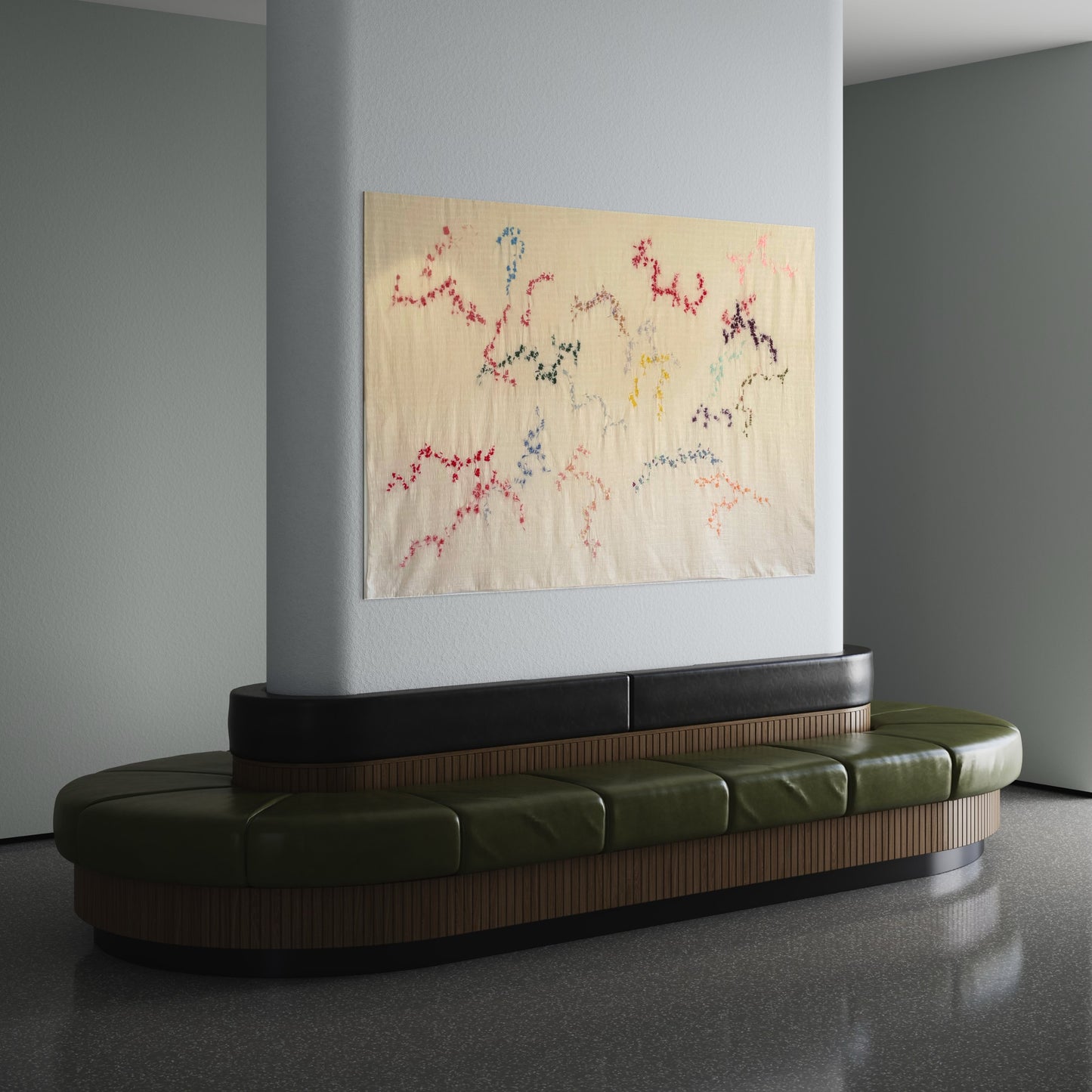 Petra - Handcrafteds wall Hangin, fullybhand embroidered 130x250 cm, displayed in a showroom.