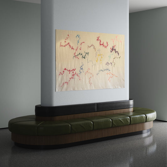 Petra - Handcrafteds wall Hangin, fullybhand embroidered 130x250 cm, displayed in a showroom.