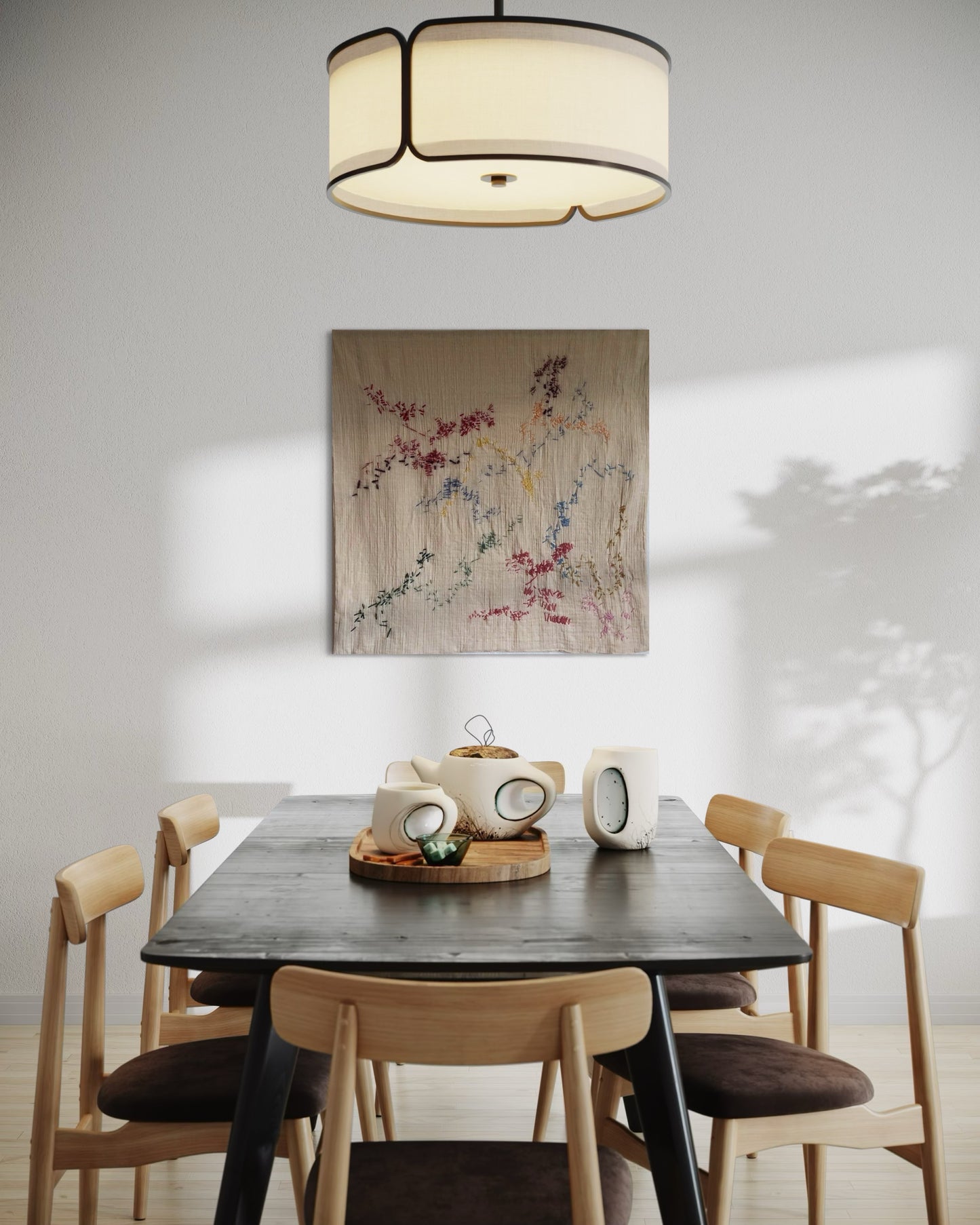 Vega - Handcrafted wall Hanging, fully hand embroidered 100x100 cm, displayed in a dining room