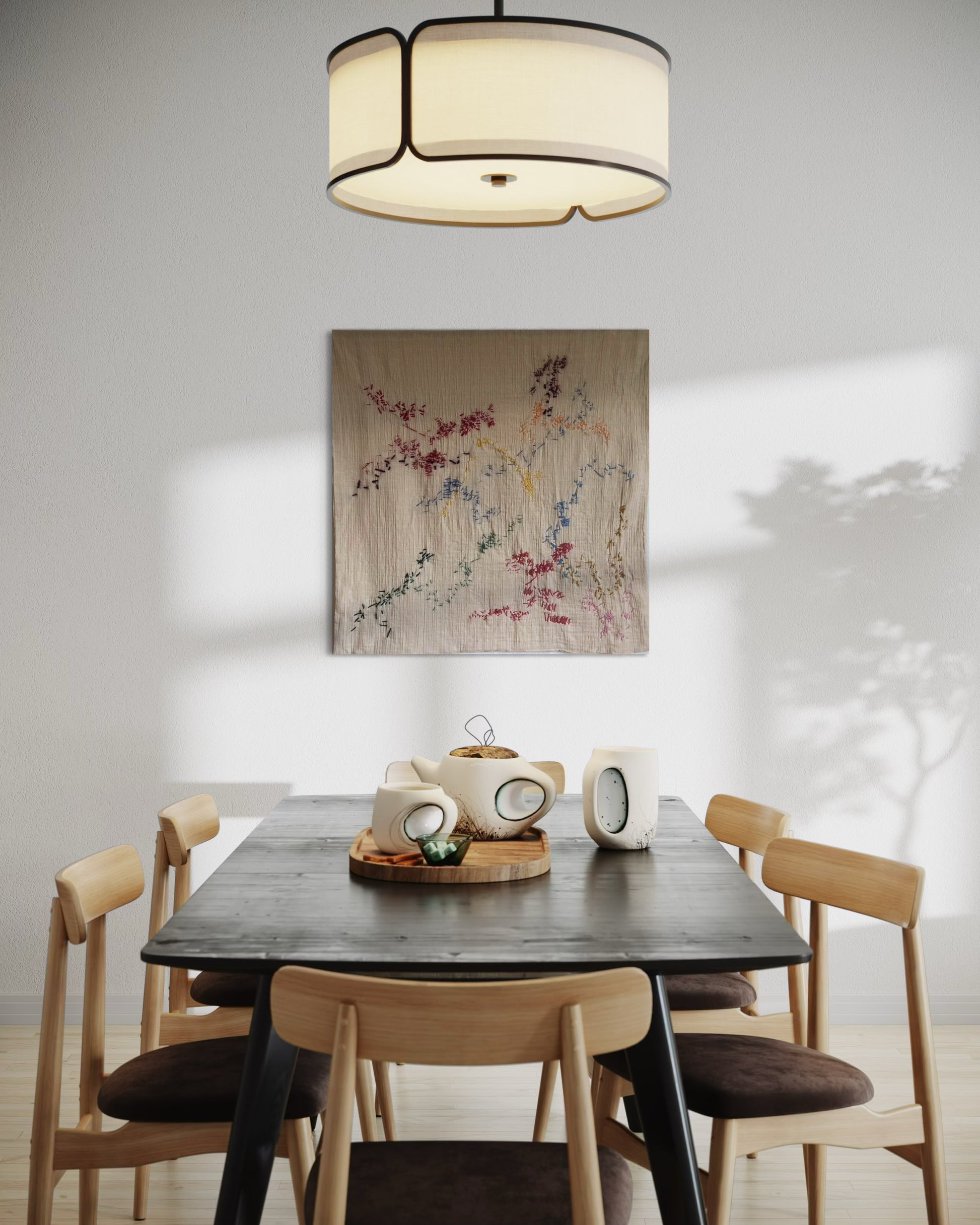 Vega - Handcrafted wall Hanging, fully hand embroidered 100x100 cm, displayed in a dining room