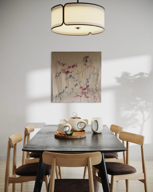 Vega - Handcrafted wall Hanging, fully hand embroidered 100x100 cm, displayed in a dining room